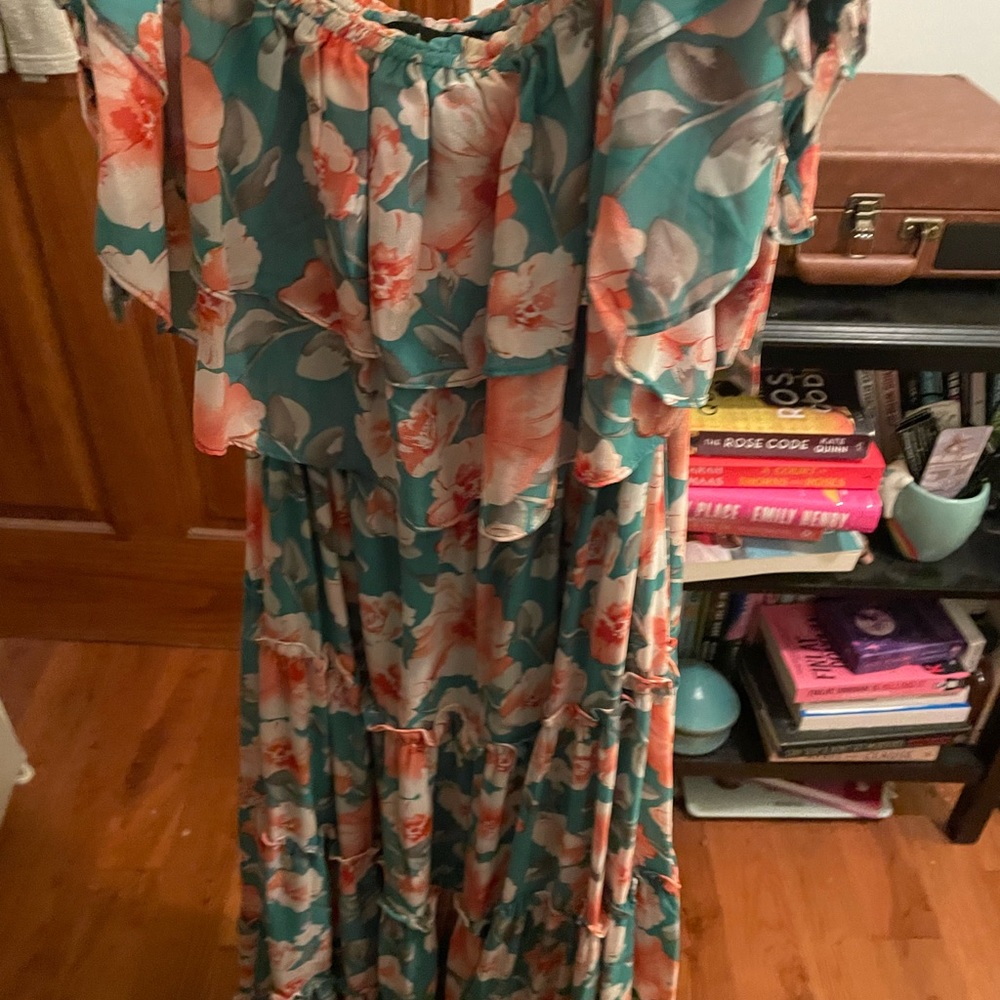 Lulus Chance For Us Green Floral Off-the-Shoulder Ruffled Maxi Dress
